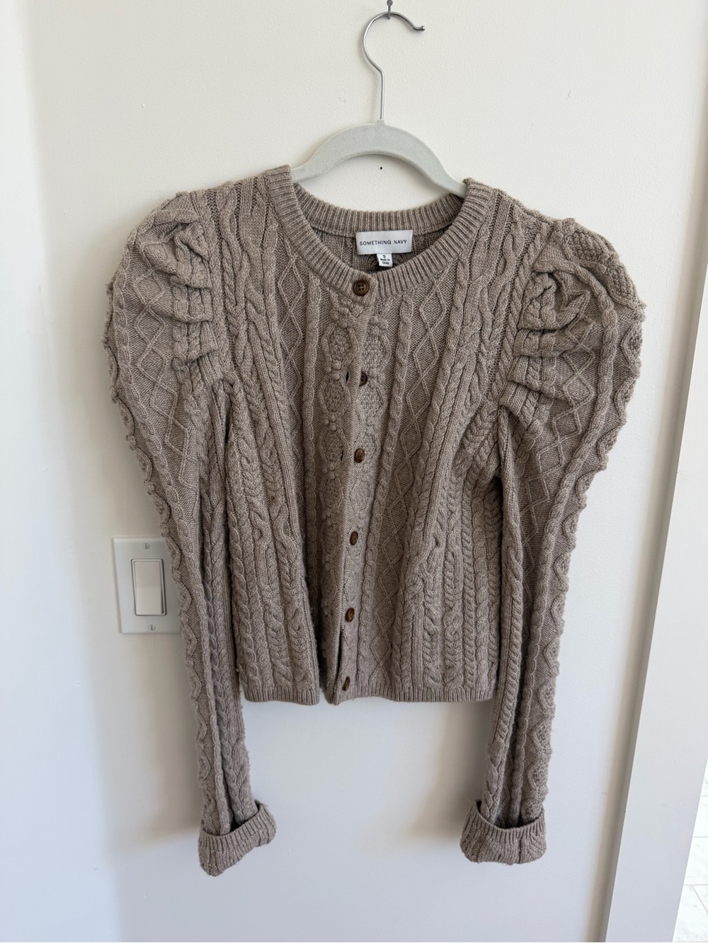 Something Navy Taupe Cable Knit Puff-Sleeve Cardigan